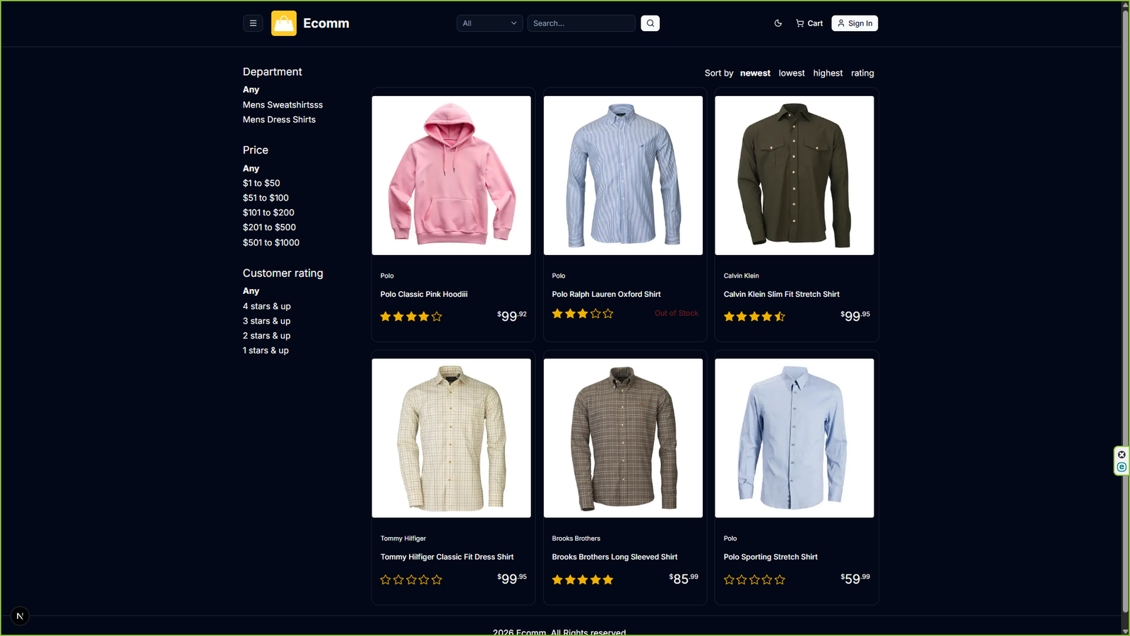 Product listing page with department, price, and rating filters