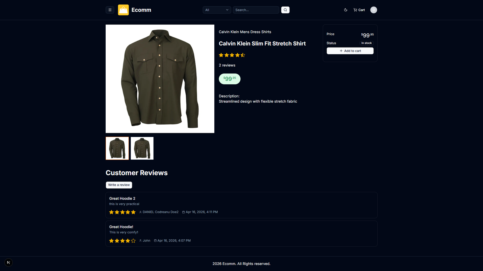 Product details page for a Calvin Klein shirt with customer reviews