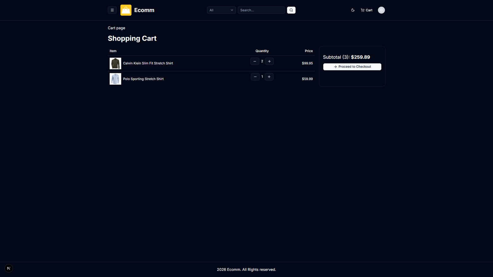 Shopping cart page showing selected items and order subtotal