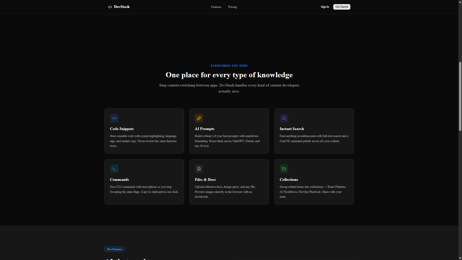 Features section showing snippets, prompts, commands, and collections