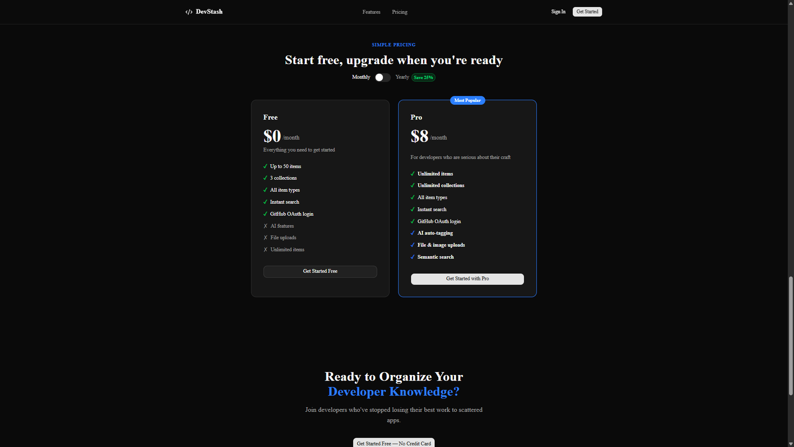 Pricing page comparing Free and Pro plans