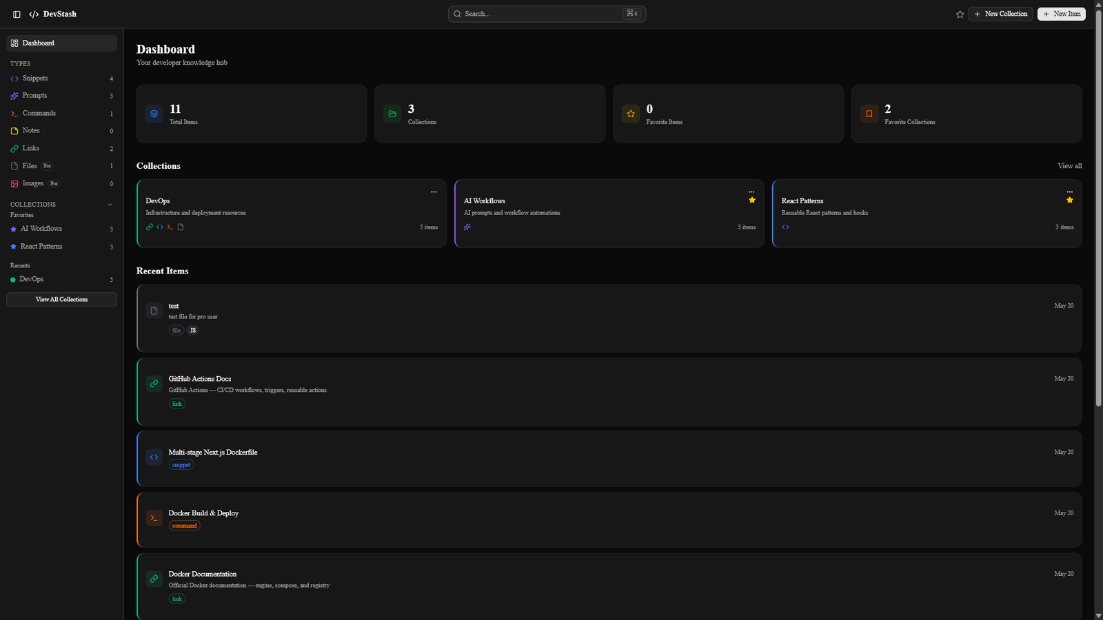 DevStash dashboard showing collections and recent items