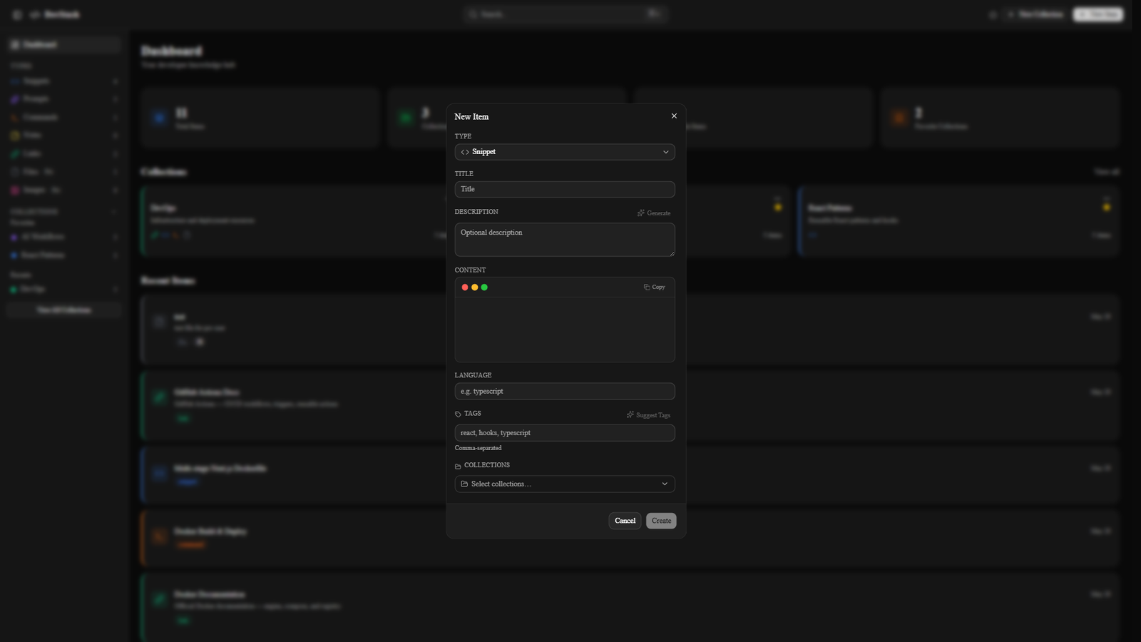 New item modal for adding a code snippet