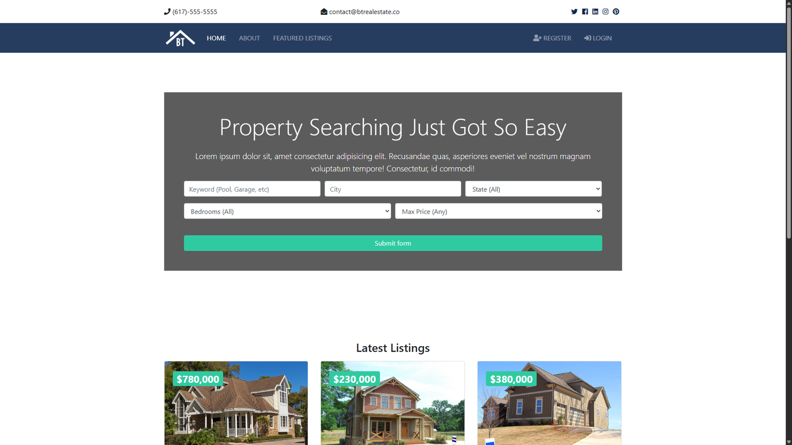 Real estate website homepage