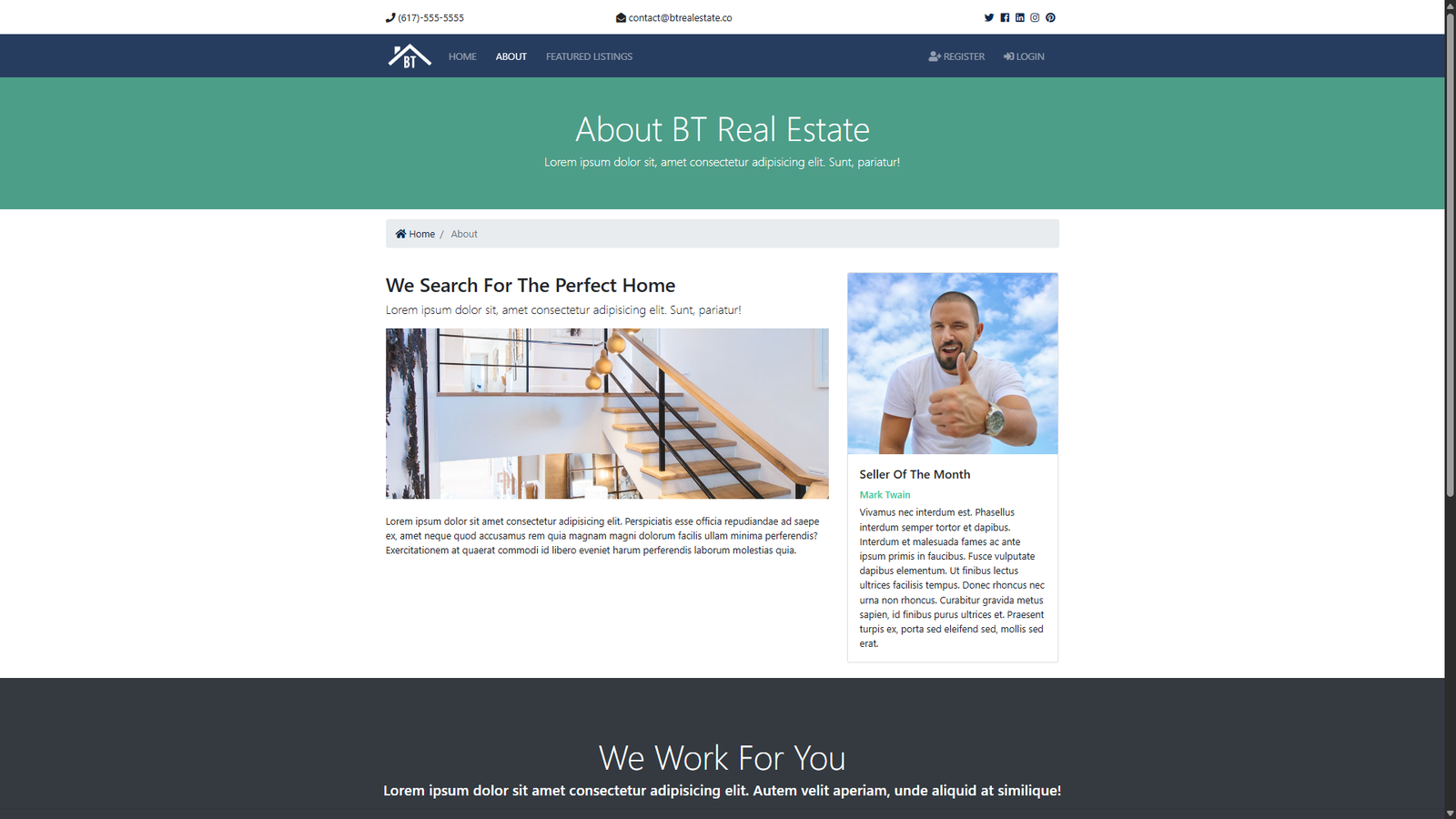 About page. Presents a perfect home and realtor of the month