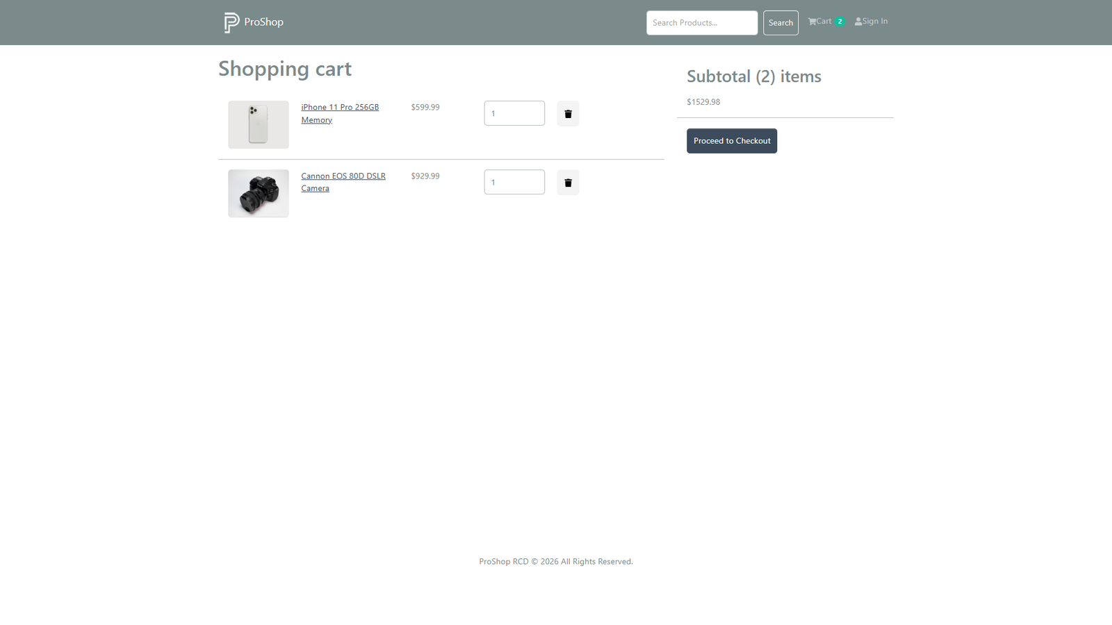 Shopping cart page listing selected items and subtotal