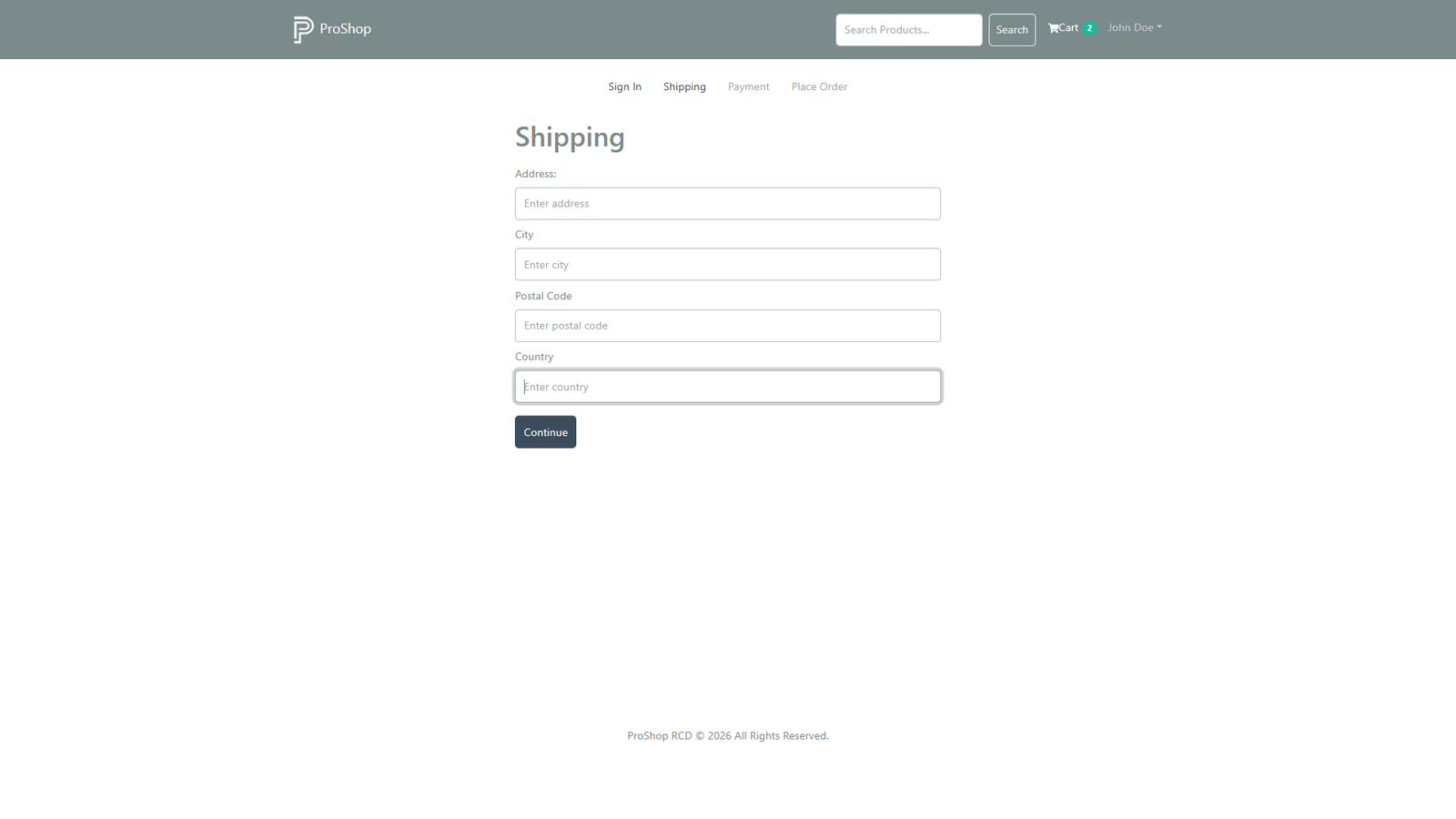 Shipping address form during checkout