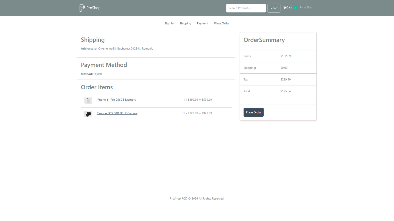 Order summary page with shipping, payment, and order items before placing order