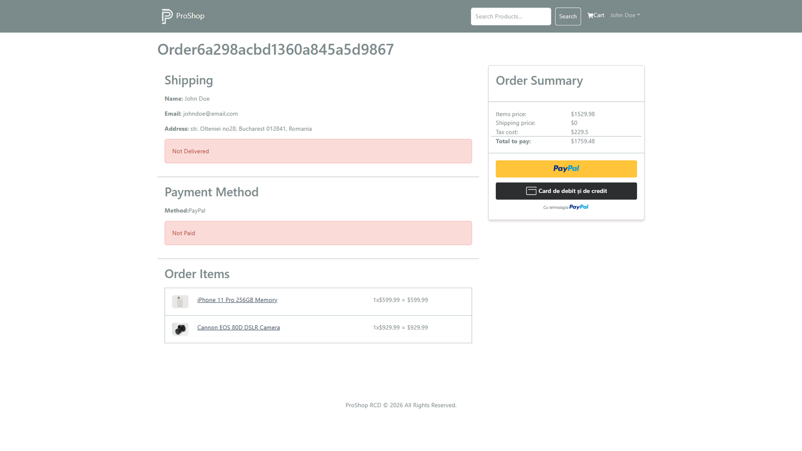 Order details page showing payment and delivery status
