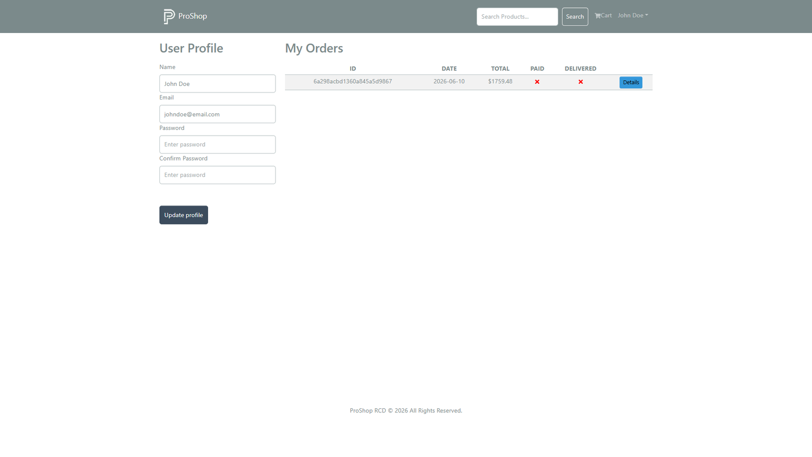 User profile page with account details and order history